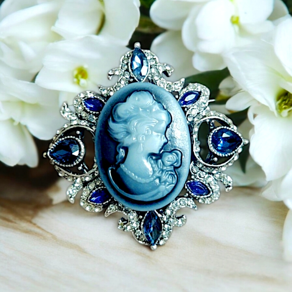 Vintage-Style Blue Cameo Brooch with Silver Accents